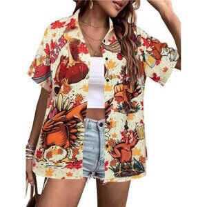 Women’s Thankful Turkey Pumpkin Button-Up Shirt - Fall Hawaiian Tee